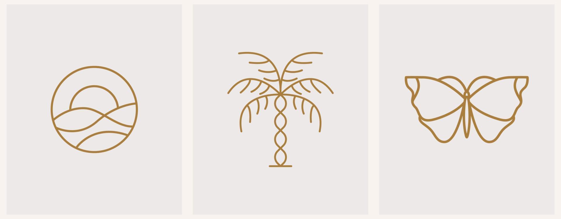 plantilla de logotipo de verano abstracto con puesta de sol, palmeras y mariposas. conjunto mínimo moderno de íconos y emblemas lineales para redes sociales, alquiler de alojamiento y servicios de viaje. vector