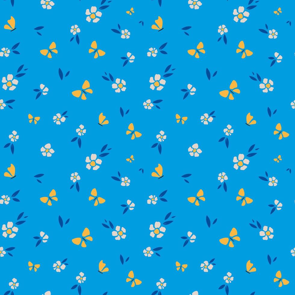 Seamless pattern of butterflies and flowers. Romantic vintage background for textile, fabric, decorative paper on a blue background. vector