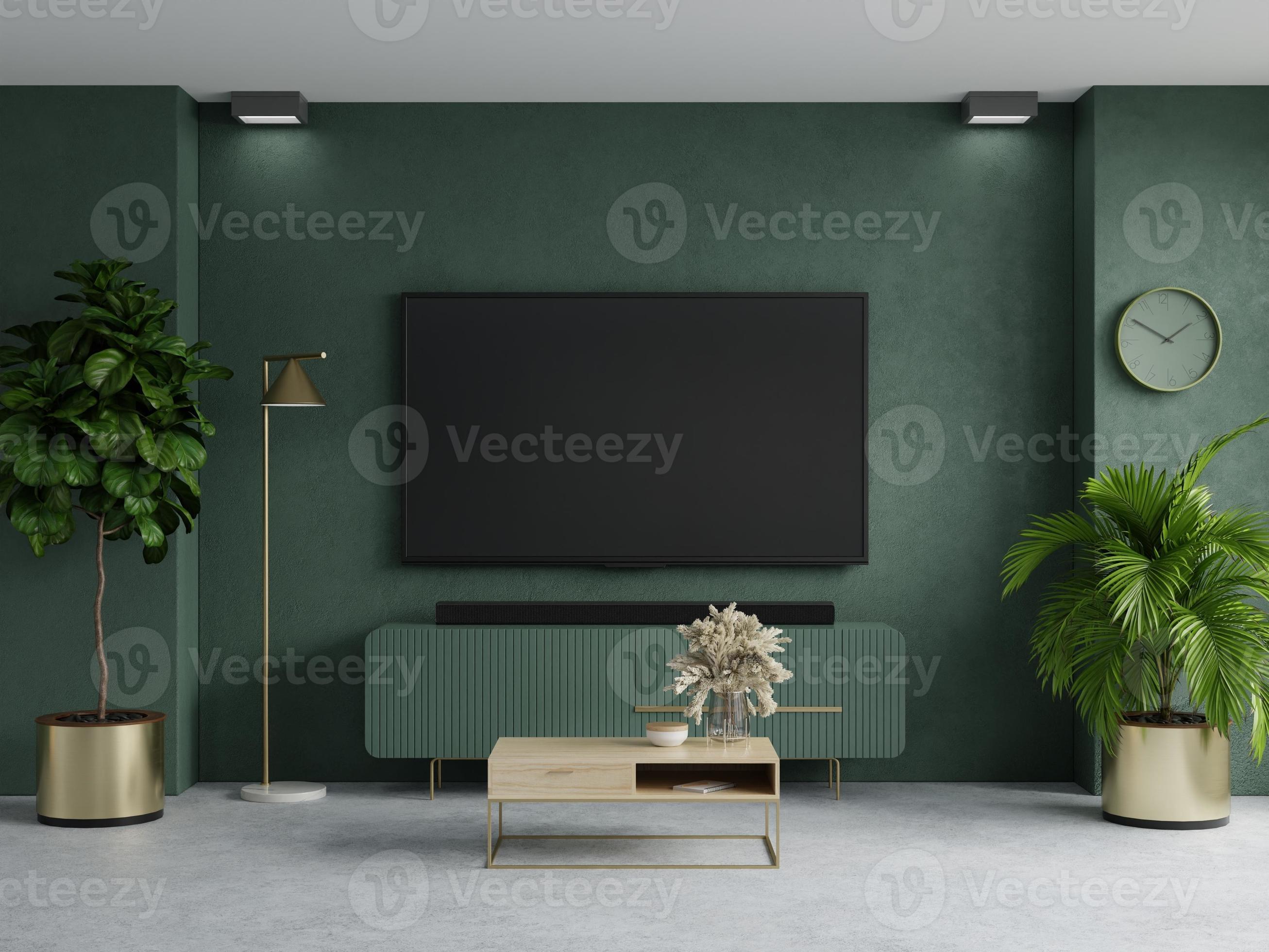 sala de televisión con fondo de de color verde, decoración moderna sala de estar con un mueble de televisión. 8669756 Foto de stock en Vecteezy