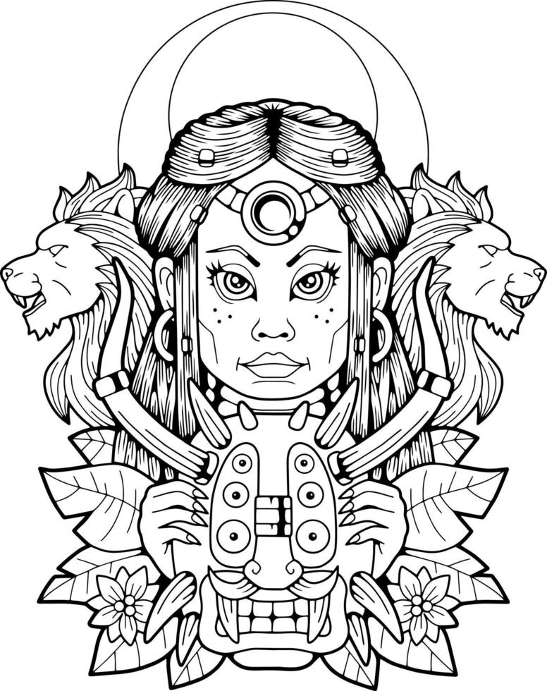 mythological african goddess, contour illustration, design vector