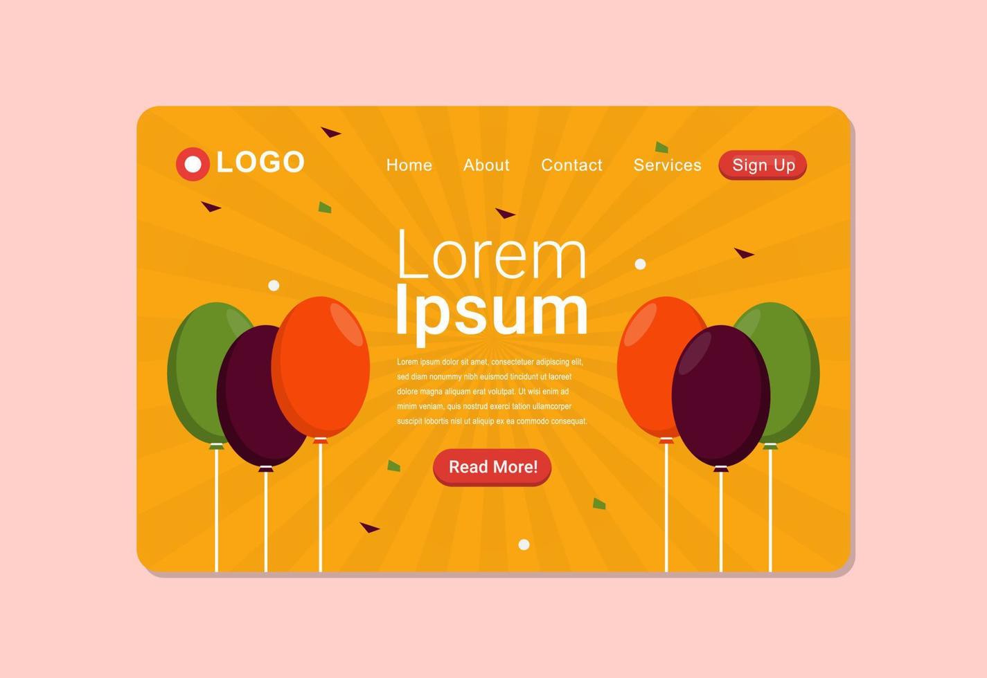 Festive Background with Balloons and Confetti Landing Page Design vector