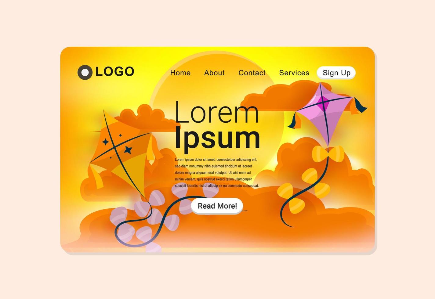 Foggy Sky Landscape with Kites Landing Page Design Illustration vector