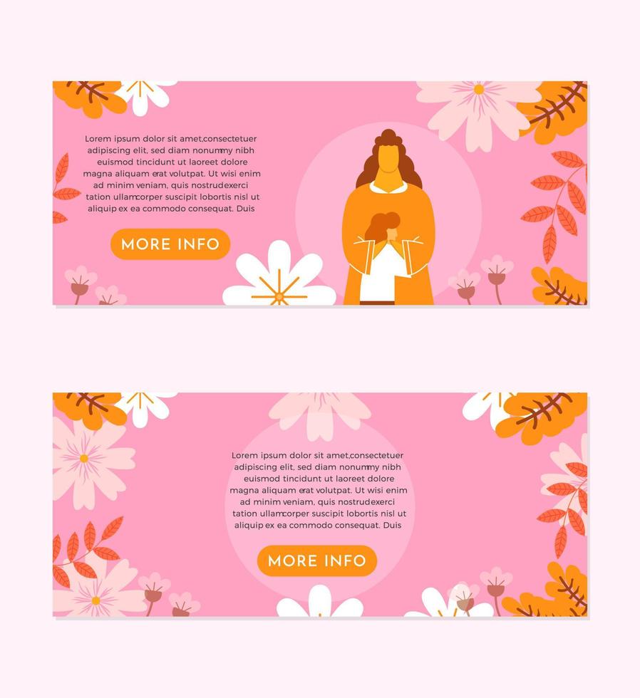 ilustración encantadora de madre e hija sobre diseño de plantilla de conjunto de banner de fondo floral vector