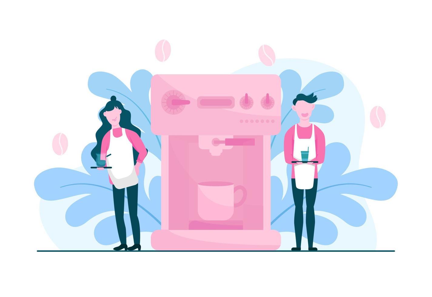 Two Baristas with Coffee Machine Flat Illustration Design vector