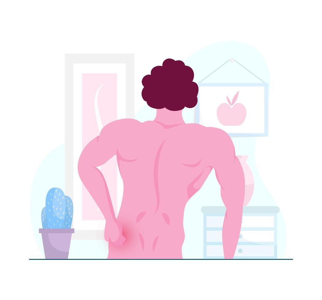 Close Up Shirtless Muscular Man Rubbing Back Pain Illustration vector