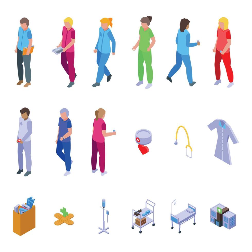 Nursing assistant icons set isometric vector. Old people vector