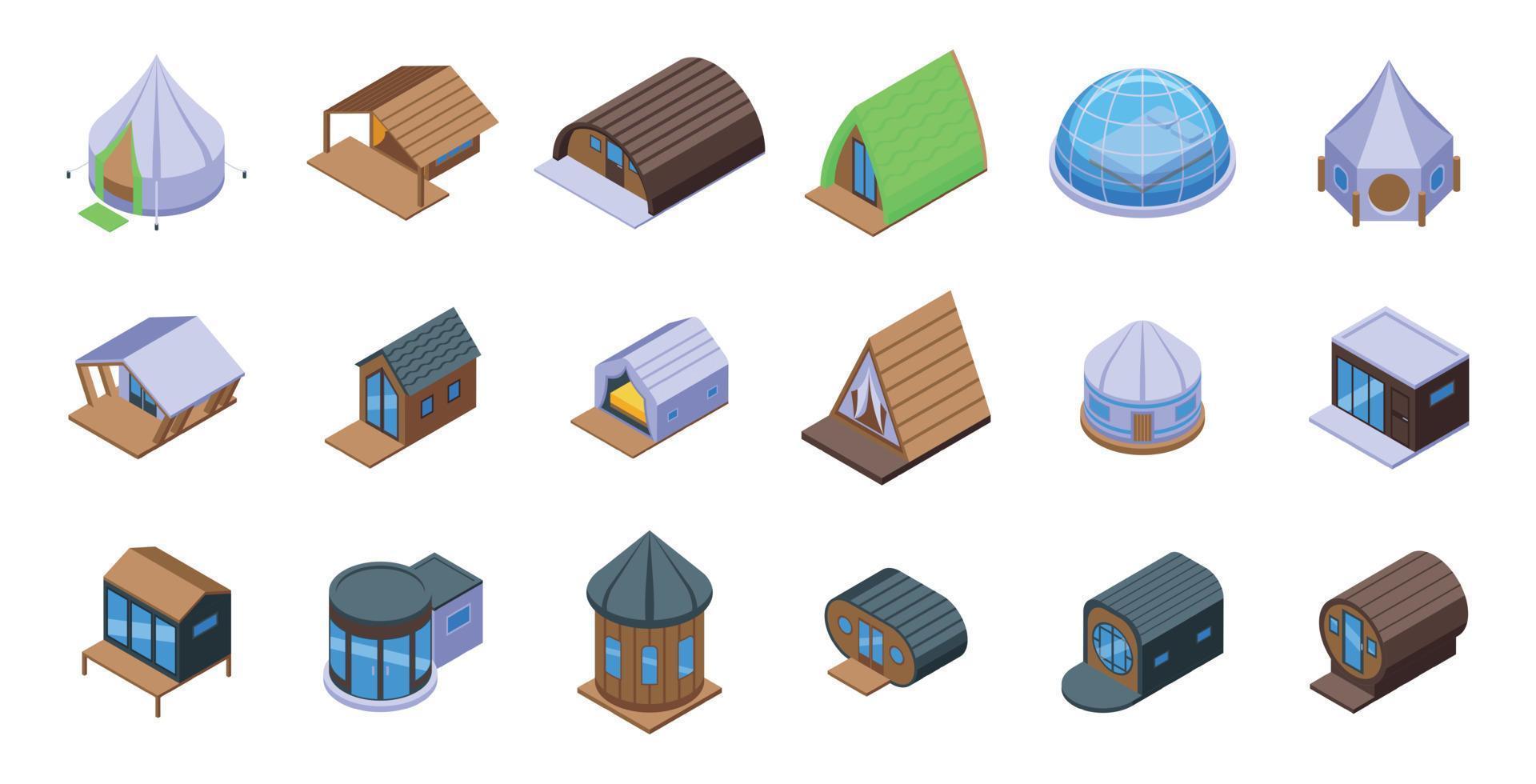 los iconos de glamping establecen un vector isométrico. tienda de aventuras