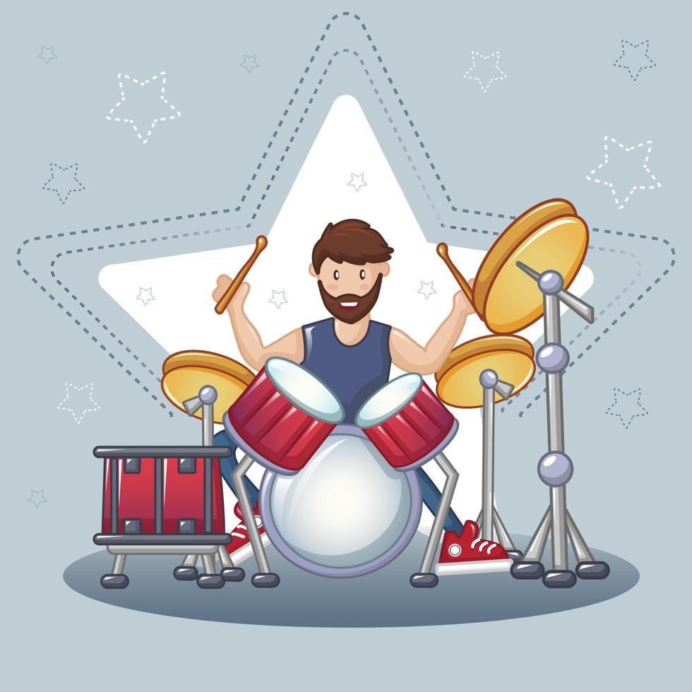 Rock drummer concept background, cartoon style vector