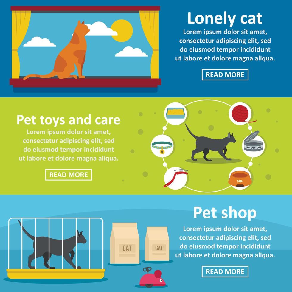 Cat care tools banner horizontal set, flat style vector