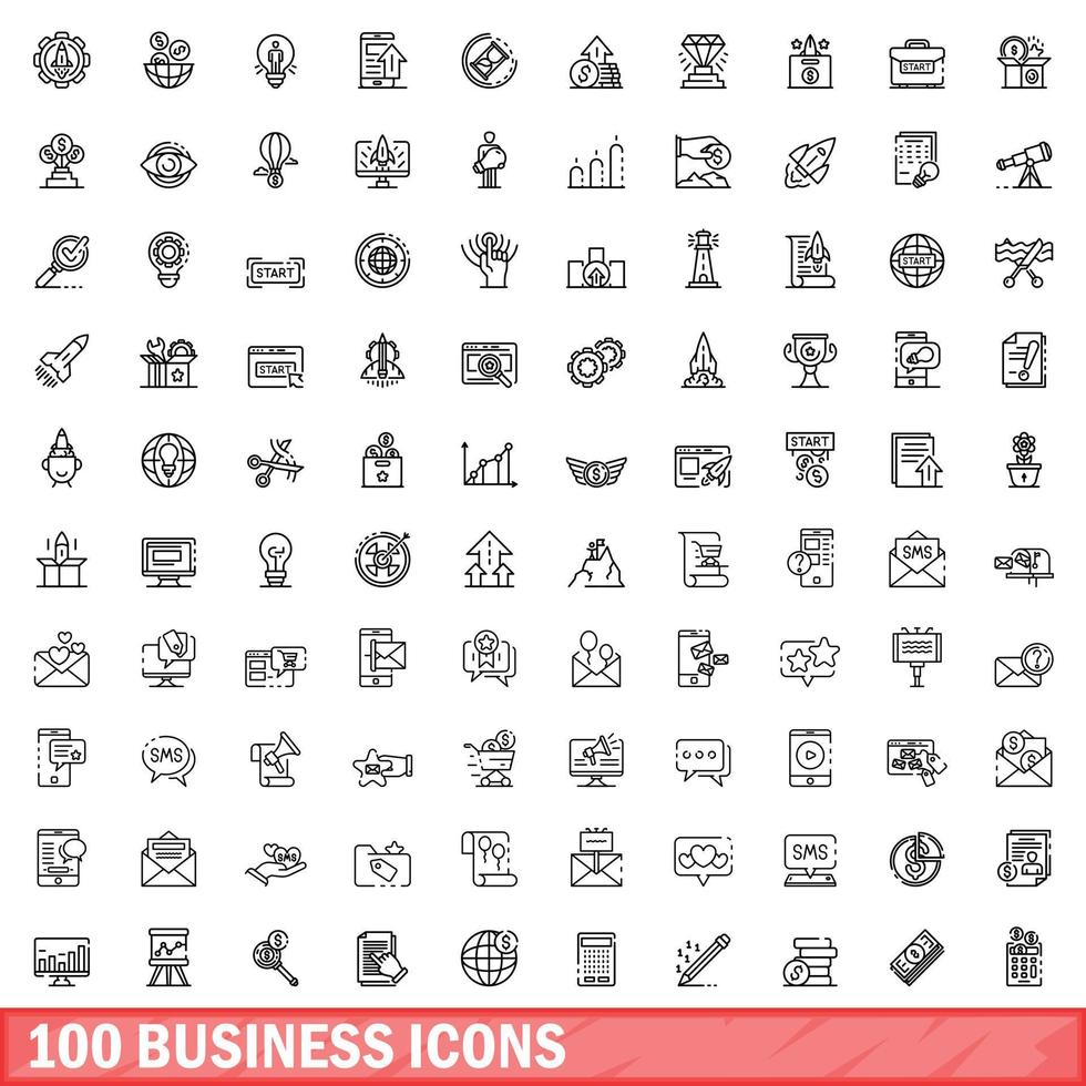 100 business icons set, outline style vector