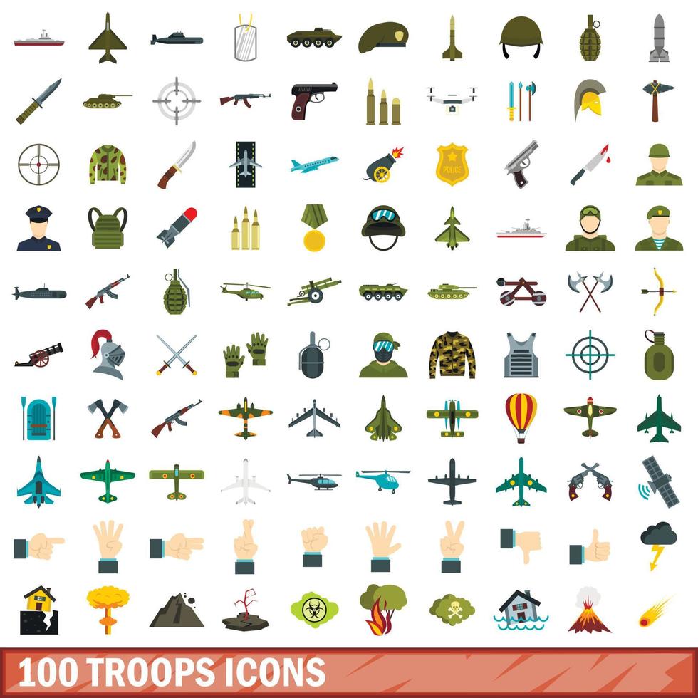 100 troops icons set, flat style vector