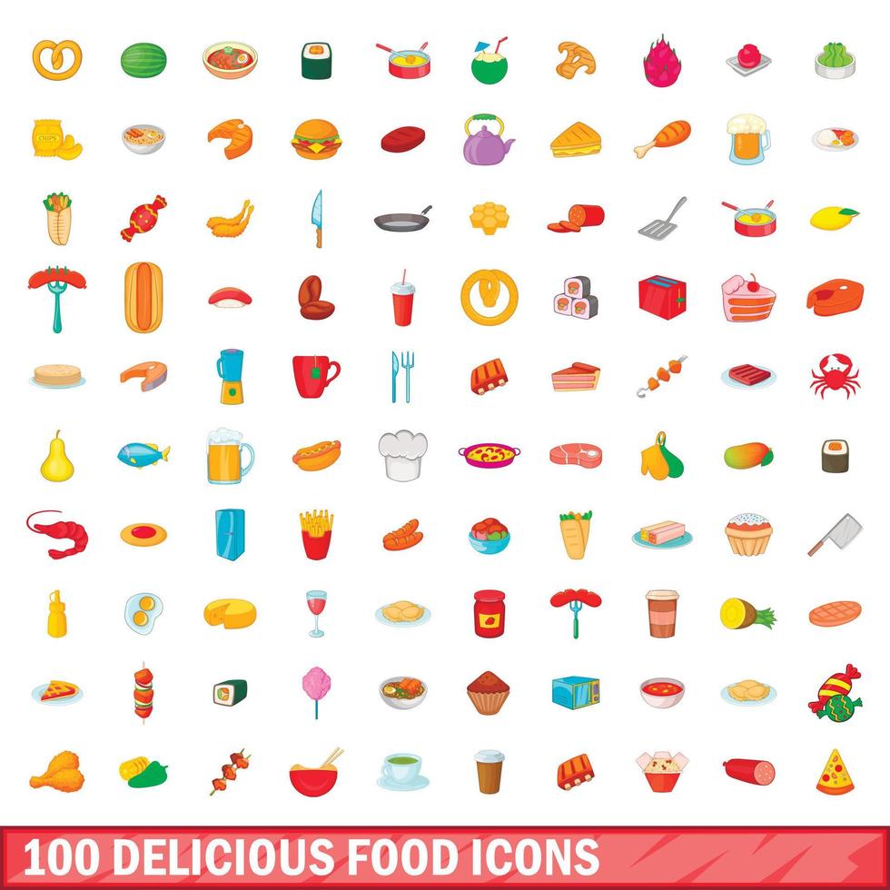 100 delicious food icons set, cartoon style vector