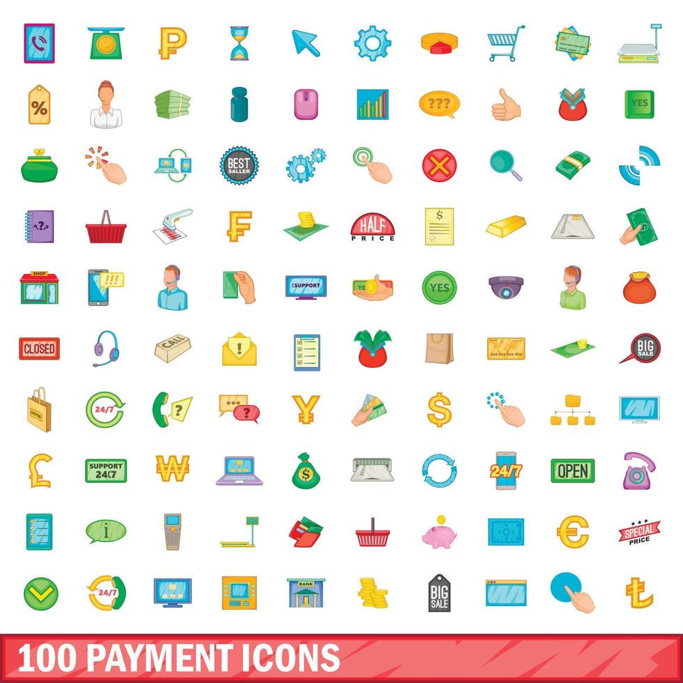 100 icons set, cartoon style vector