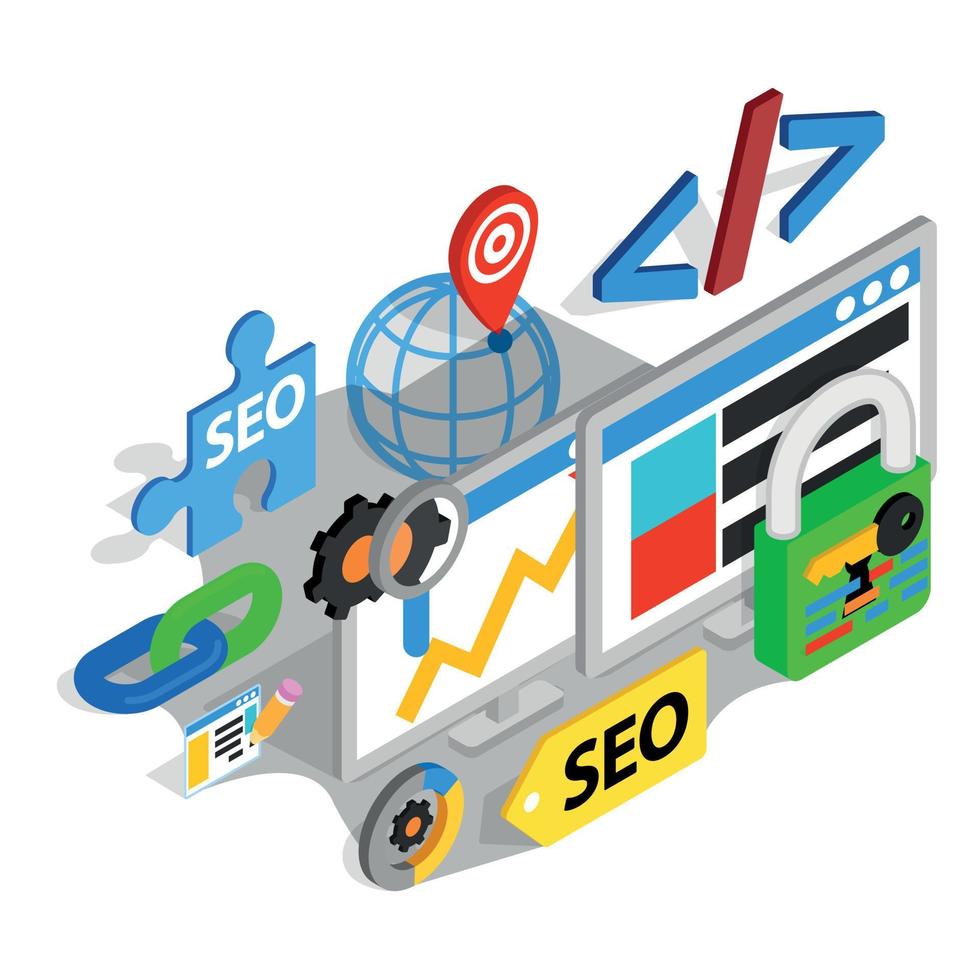 Search engine optimization concept banner, isometric style vector