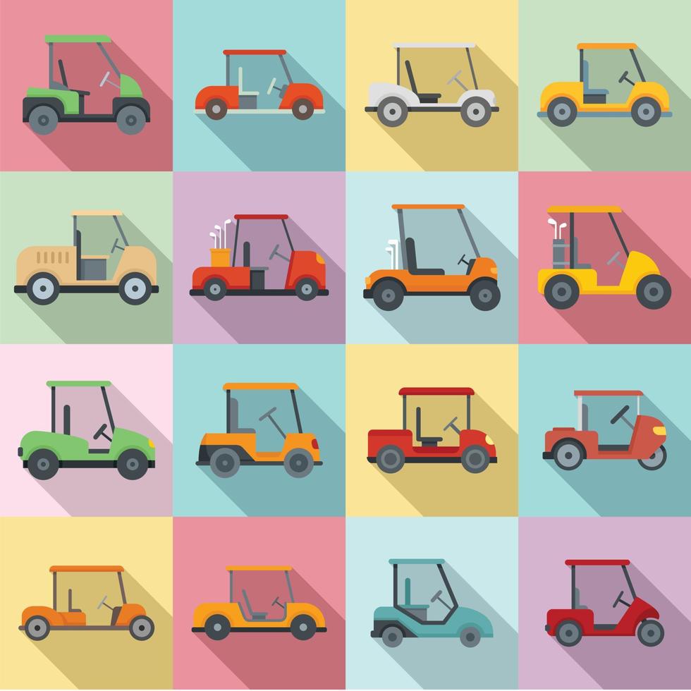 Golf cart icons set, flat style vector