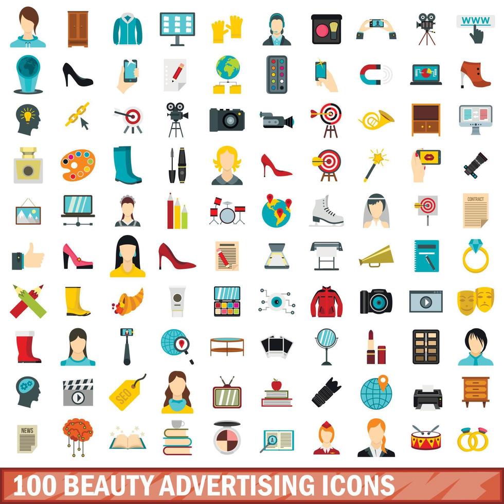 100 iconos de publicidad de belleza, estilo plano vector