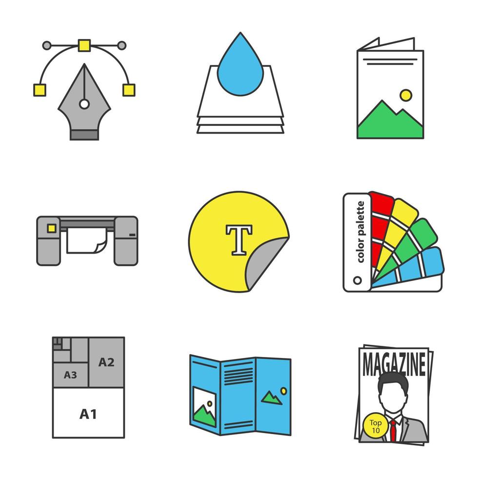 Printing color icons set. Fountain pen nib, ink drop, brochure, large format printer, round sticker, color palettes, paper sheet sizes, booklet, magazine. Isolated vector illustrations