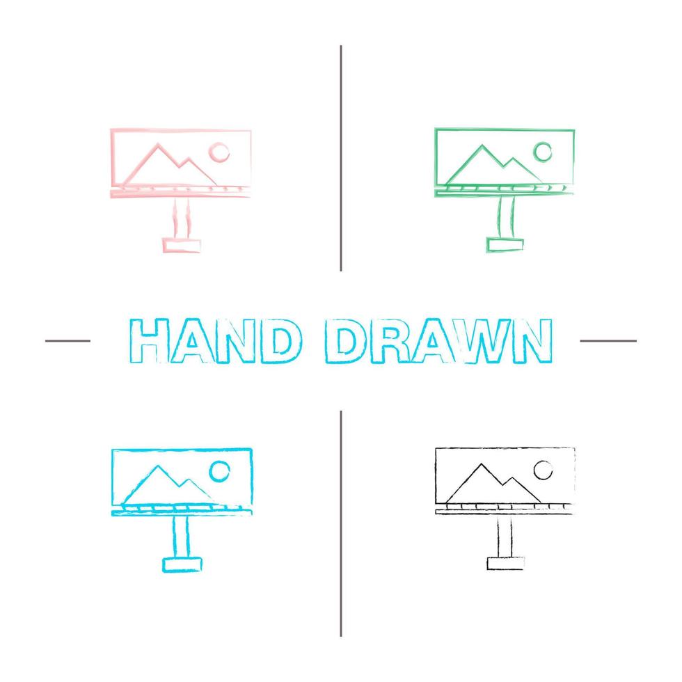 Billboard mockup hand drawn icons set. Large format printing. Big board template. Color brush stroke. Isolated vector sketchy illustrations