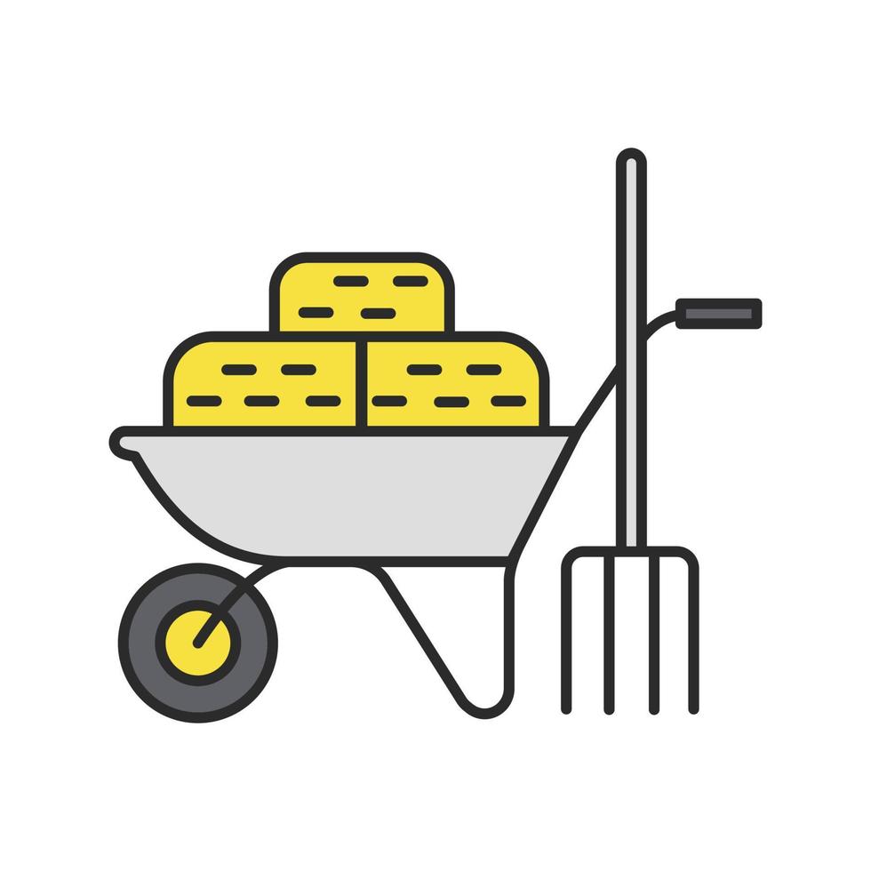 Wheelbarrow with bales of hay and pitchfork color icon. Agricultural work. Isolated vector illustration