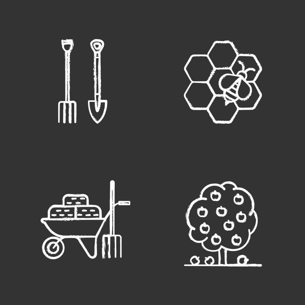 Agriculture chalk icons set. Shovel and pitchfork, wheelbarrow with hays, beekeeping, fruit tree. Isolated vector chalkboard illustration