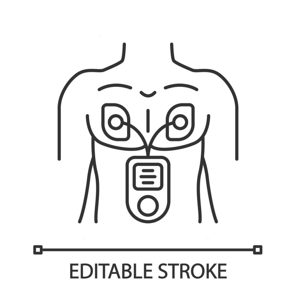 Electrical muscle stimulator linear icon. Heart rate monitor, diagnosis. Myostimulation. EMS medical device. Thin line illustration. Contour symbol. Vector isolated outline drawing. Editable stroke