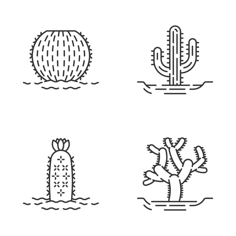 Wild cacti in land linear icons set. Tropical succulent. Spiny plant. Barrel cactus, cholla, saguaro, hedgehog cactus. Thin line contour symbols. Isolated vector outline icons. Editable stroke