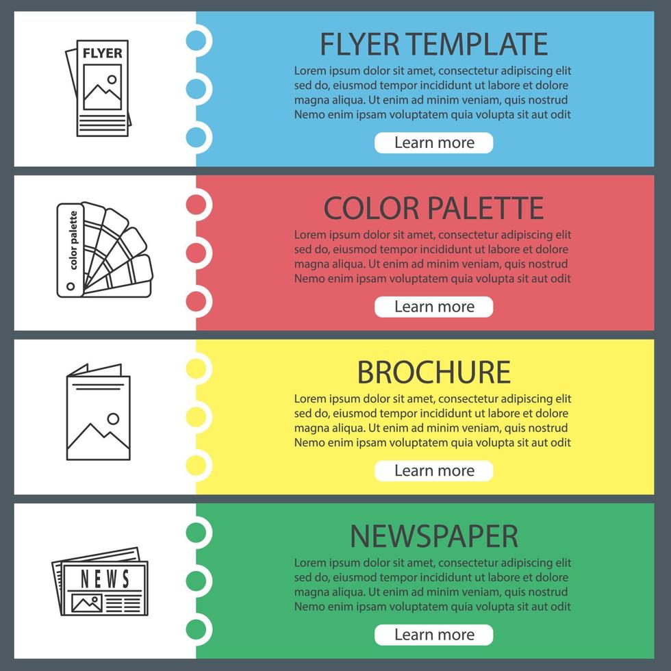 Printing web banner templates set. Polygraphy and typography. Flyer template, color palette, brochure, newspaper. Website color menu items with linear icons. Vector headers design concepts