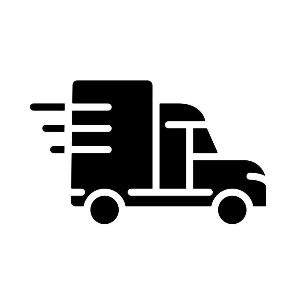 Truck black glyph icon. Cargo delivery. Transportation and logistics. Express shipment. Dynamic movement. Silhouette symbol on white space. Solid pictogram. Vector isolated illustration