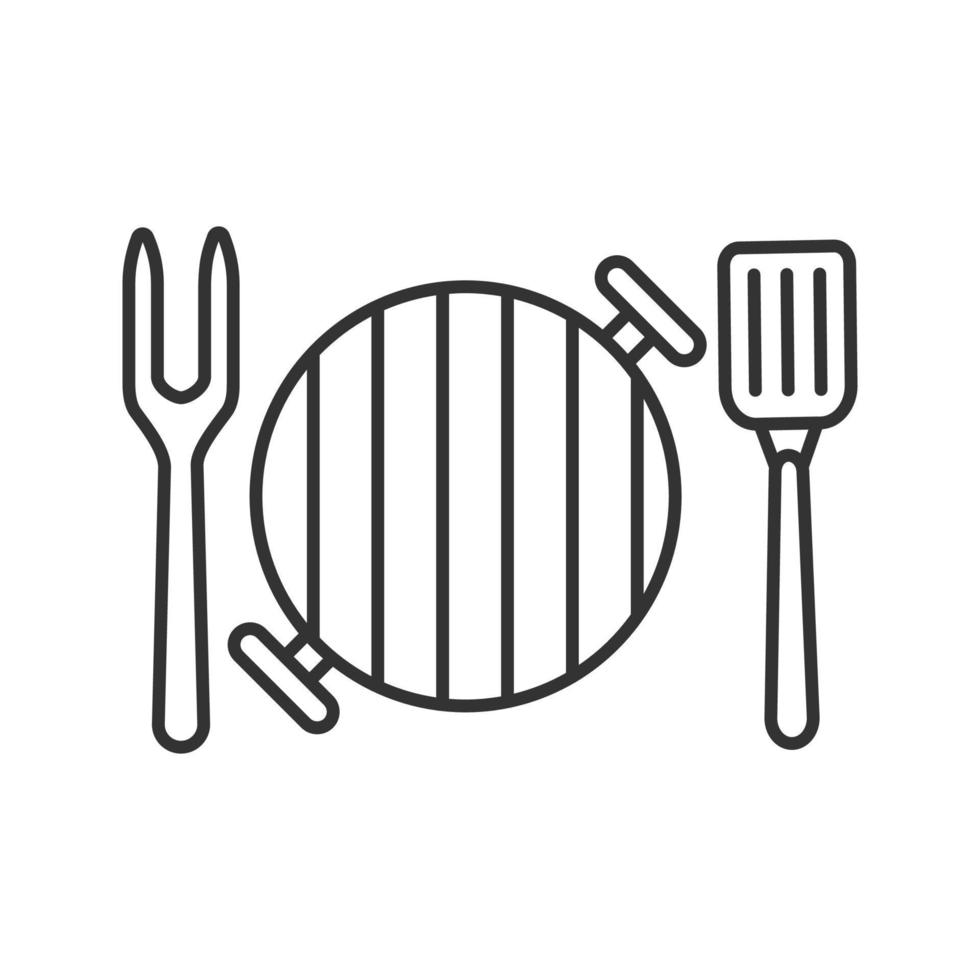 Barbecue grill with fork and spatula linear icon. Thin line illustration. Contour symbol. Vector isolated drawing