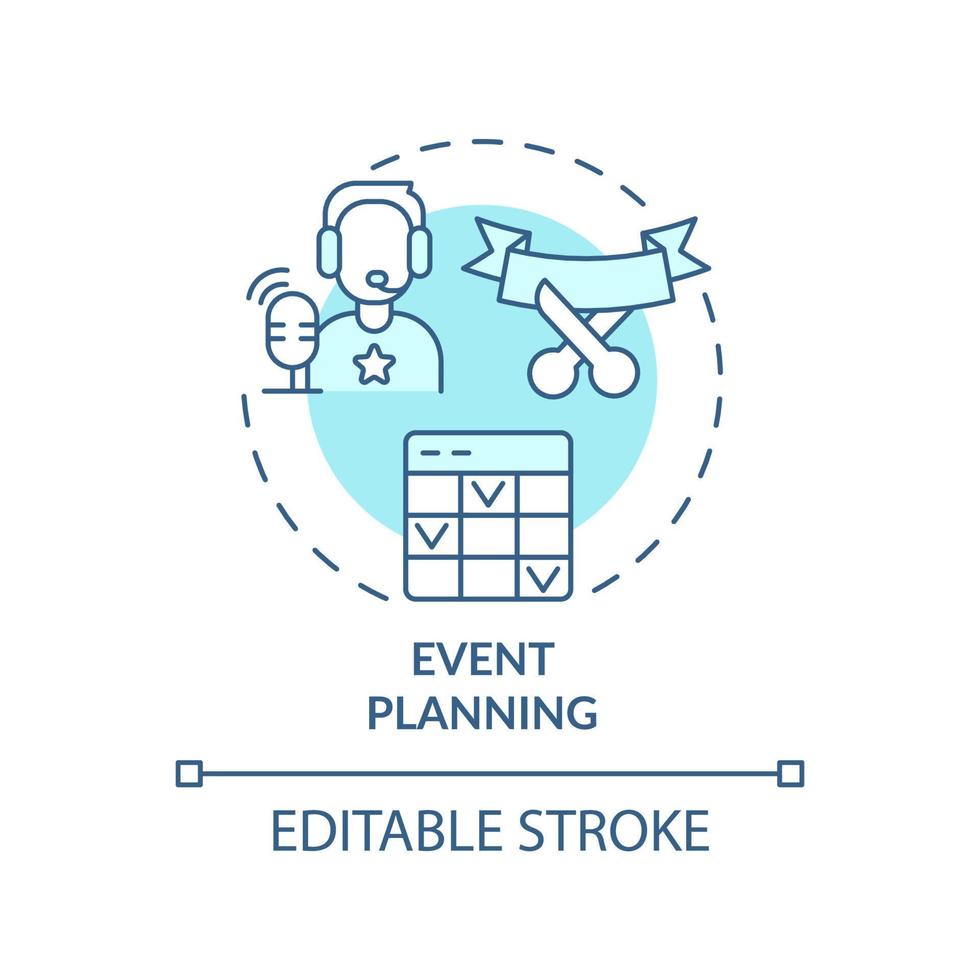 Event planning turquoise concept icon. Marketing tactics. Service of PR firm abstract idea thin line illustration. Isolated outline drawing. Editable stroke. vector