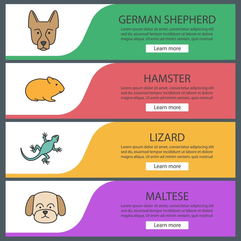 Pets web banner templates set. German Shepherd, hamster, lizard, Maltese dog. Website color menu items. Vector headers design concepts