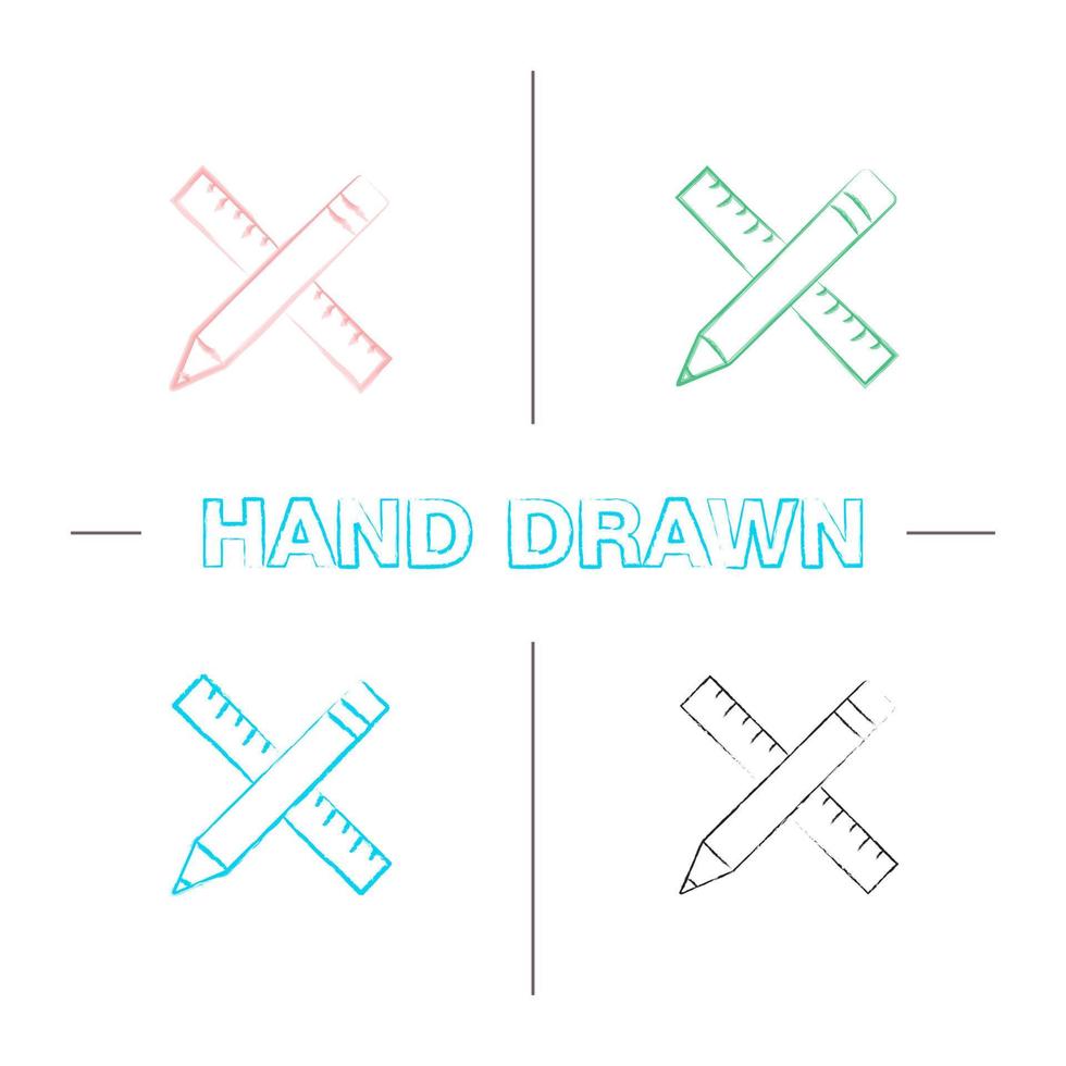 Ruler and pencil hand drawn icons set. Color brush stroke. Drawing and drafting tools. Isolated vector sketchy illustrations