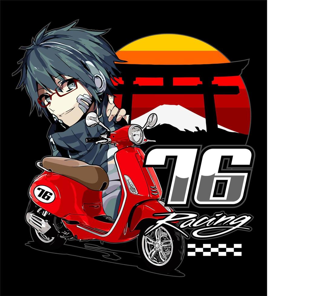 chico anime y scooter vector