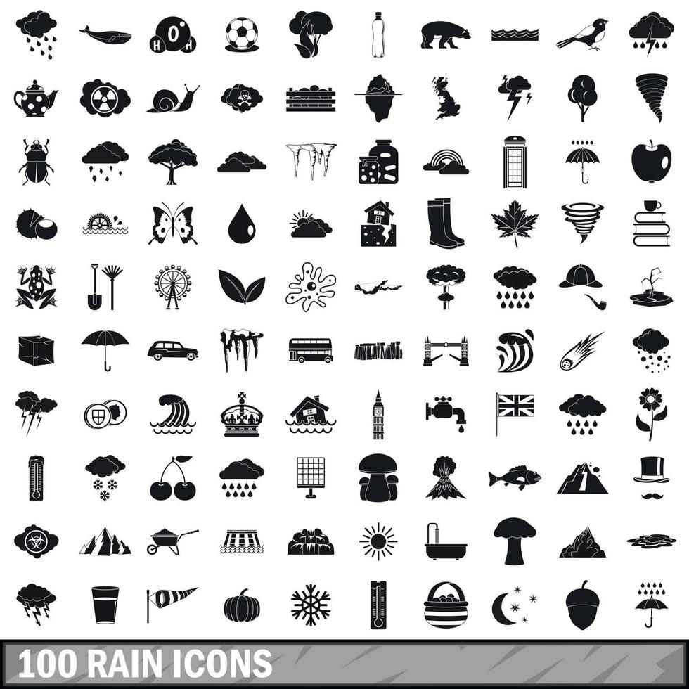 100 rain icons set, simple style vector