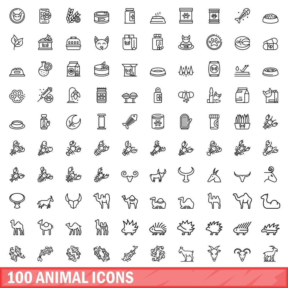 100 animal icons set, outline style vector