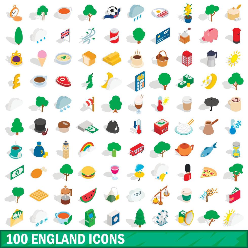 100 england icons set, isometric 3d style vector