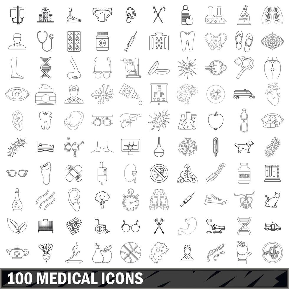 100 medical icons set, outline style vector