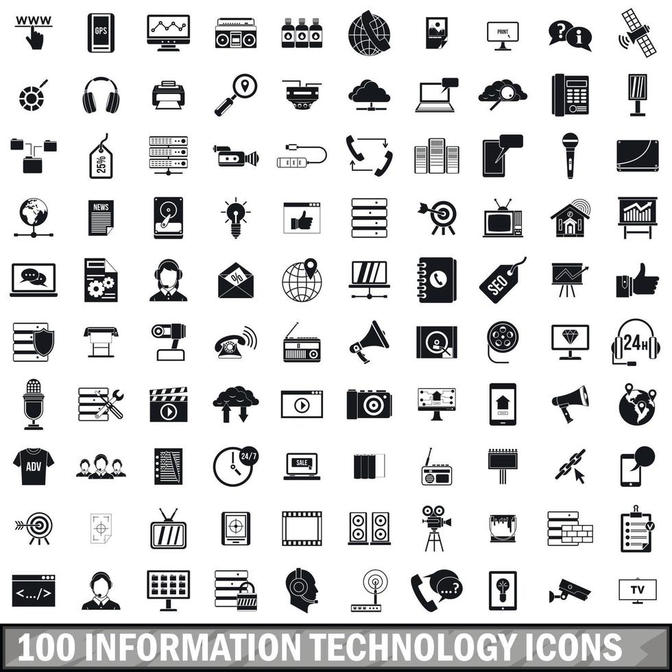 100 information technology icons set, simple style vector