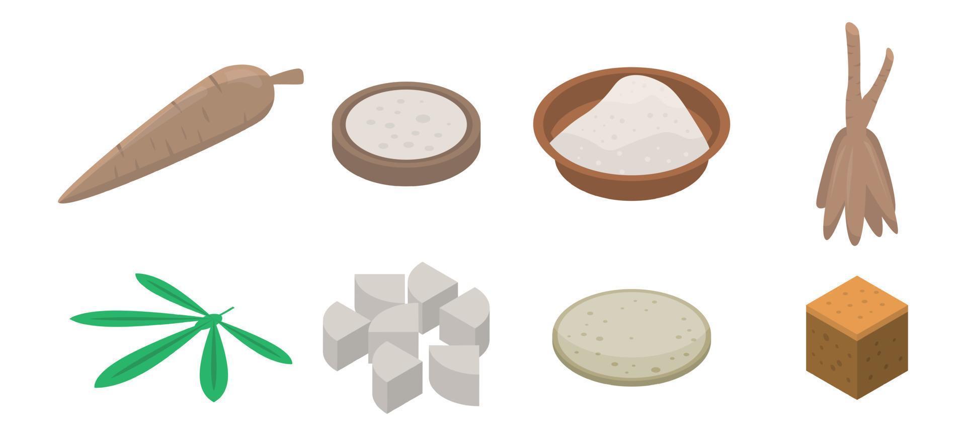Cassava icons set, isometric style vector