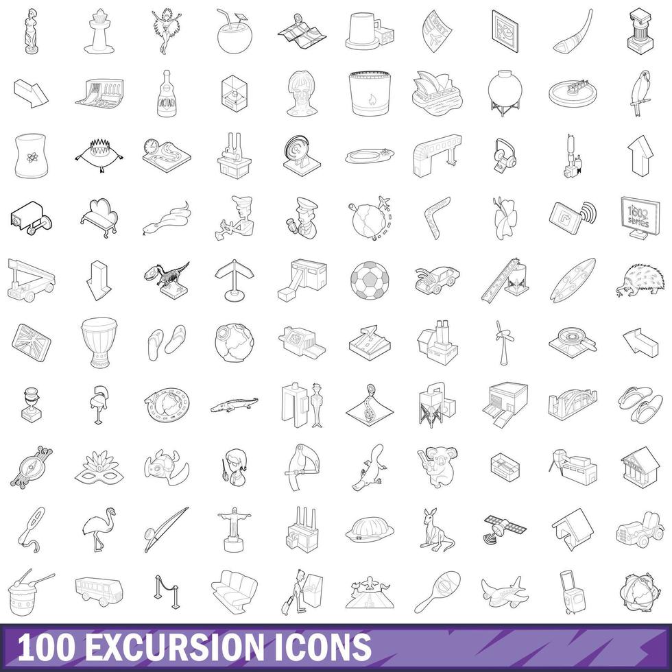 100 conjunto de iconos de excursión, estilo de esquema vector