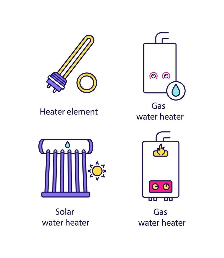 Heating color icons set. Electric and gas water heaters, heating boiler, industrial water heater. Isolated vector illustrations