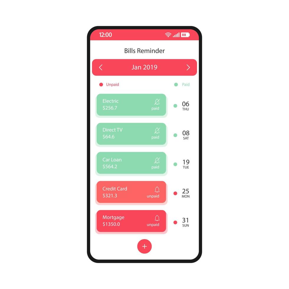 plantilla de vector de interfaz de teléfono inteligente de aplicación de recordatorio de facturas. diseño de diseño en blanco de la página de seguimiento de finanzas. aplicación móvil de gestión de dinero. interfaz de usuario plana del calendario de facturación. fecha de pago, estado en la pantalla del teléfono