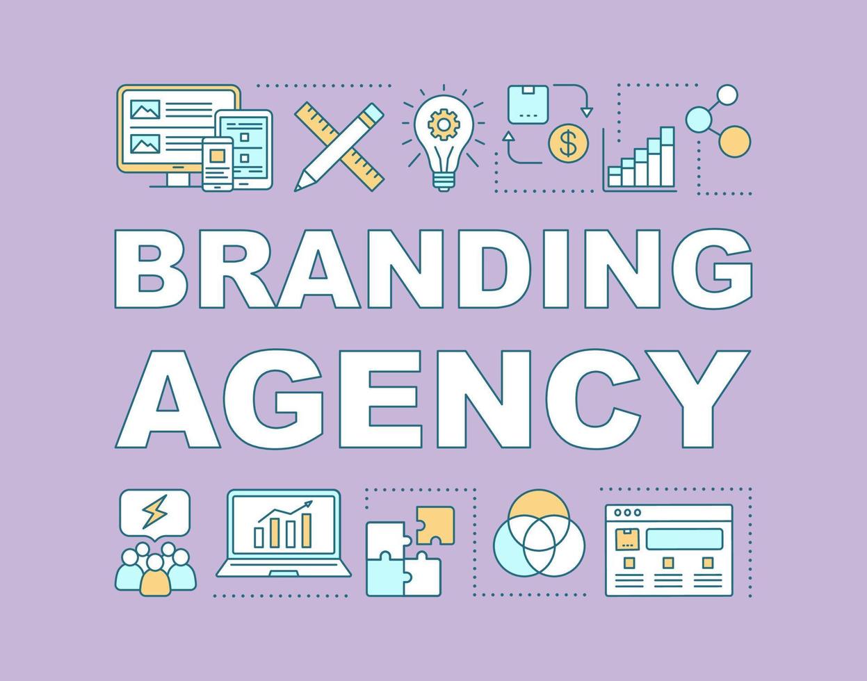 Branding agency word concepts banner. Brand management. Work team cooperation. Strategic planning. Presentation, website. Isolated lettering typography idea, linear icons. Vector outline illustration