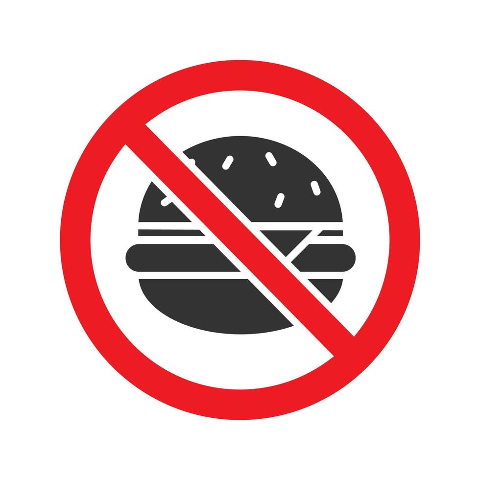 Forbidden sign with burger glyph icon. Stop silhouette symbol. No fast food prohibition. Negative space. Vector isolated illustration