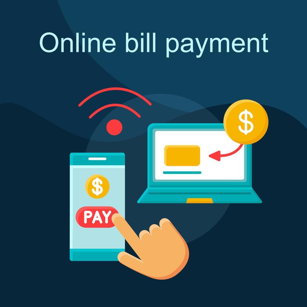 Online bill pay flat concept vector icon. Internet banking cartoon color illustrations set. Mobile payment. E commerce. Online shopping. Bill, invoice, check e-payment. Isolated graphic design element