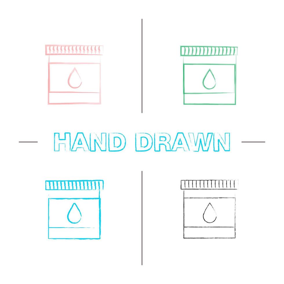 Printer cartridge ink hand drawn icons set. Color brush stroke. Plastic bottle with drop. Isolated vector sketchy illustrations