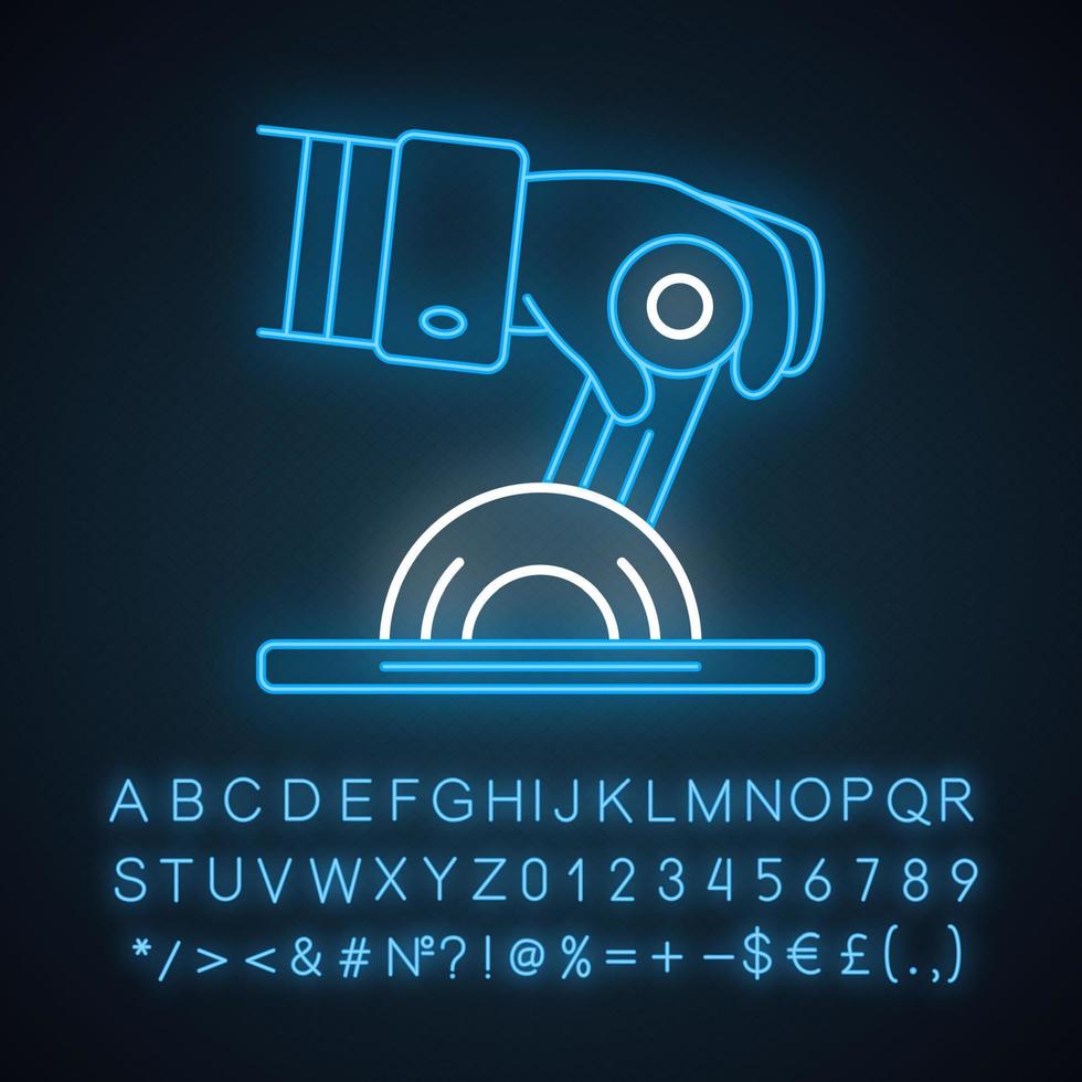 Pilot engine lever neon light icon. Airplane equipment. Aviating. Pilots hand. Jet control. Aviation service. Glowing sign with alphabet, numbers and symbols. Vector isolated illustration