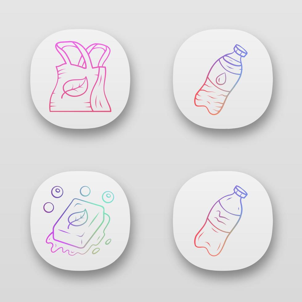 Zero waste swaps handmade app icons set. Eco friendly products. Reusable materials. Plastic water bottle, eco soap, bag. UI UX user interface. Web or mobile applications. Vector isolated illustrations