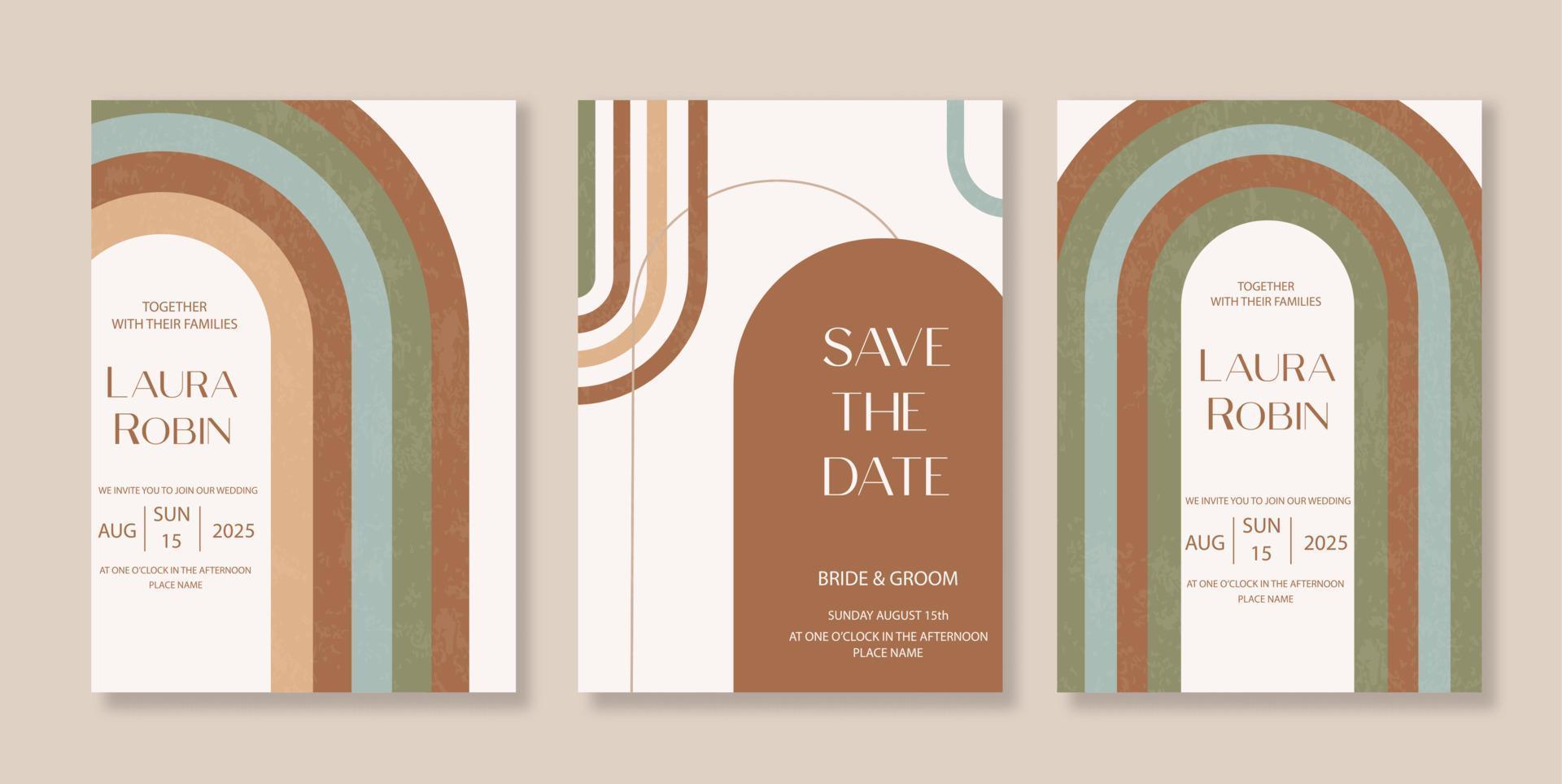 Boho Arch Wedding Invitation Terraccota Rust Beige Modern Retro 70s Rainbow Sage Arch Moss Abstract Japandi Minimalism. vector