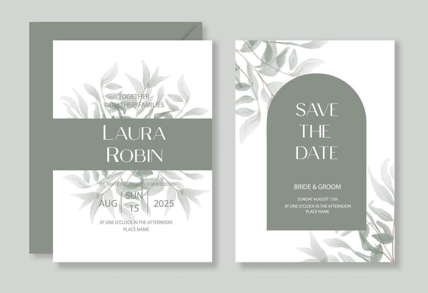 Botanical greenery wedding invitation template set with watercolor leaf and arch for party, greeting card. vector